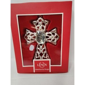 Lenox Gemmed Cross Silvertone With Clear Stone ornament Red ribbon hanger 4.25"